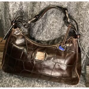 Dooney & Bourke crocodile embossed dark brown leather hand bag with blue duck